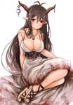  1girl antenna_hair black_hair breasts cleavage danua fingerless_gloves gloves granblue_fantasy hair_between_eyes horn_ornament horns jewelry large_breasts long_hair necklace pointy_ears red_eyes restaint solo 