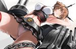  1girl arm_up armpits bare_shoulders blush breasts brown_hair from_below gloves hairband headgear kantai_collection looking_at_viewer midriff mutsu_(kantai_collection) navel panties pantyshot pantyshot_(standing) short_hair skirt smile solo standing tea_(nakenashi) thigh-highs underwear upskirt yellow_eyes 