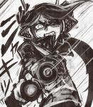  alternate_costume aori_(splatoon) black_hair ceramic_man clenched_teeth gun monochrome one_eye_closed solo splatoon tagme tentacle_hair weapon 