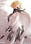  1girl armor artist_request blonde_hair bodysuit cape character_request claymore claymore_(sword) clouds highres open_mouth pauldrons sketch solo tongue 