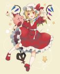  1girl :p blonde_hair blush bow cake crossover dated dress fang flandre_scarlet food fork gensou_aporo hat hat_bow holding_fork holding_weapon kirby laevatein open_mouth party_hat puffy_short_sleeves puffy_sleeves red_dress red_eyes shoe_bow shoes short_hair short_sleeves side_ponytail signature smile socks star tongue tongue_out touhou wings wrist_cuffs yellow_background 