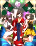  3girls :p absurdres apple bare_shoulders breasts brown_hair character_request dress flag food fruit hand_on_hip highres japanese_clothes kimono knife makai megaphone mole mole_under_eye multiple_girls no_bra obi pencil_skirt pumps sash short_hair sideboob skirt strapless_dress sunglasses suspenders tongue tongue_out 