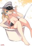  1girl ;d artist_name bare_legs bikini blonde_hair breasts cleavage commentary_request cup flower green_eyes hair_flower hair_ornament hair_ribbon hat in_container in_cup kantai_collection long_hair one_eye_closed open_mouth peaked_cap prinz_eugen_(kantai_collection) ribbon sensen smile solo swimsuit twintails 
