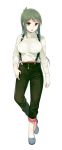  1girl breasts chikurin_(sasamori_tomoe) green_eyes green_hair green_pants hand_on_hip no_socks original pants pants_rolled_up sasamori_tomoe shoes simple_background solo standing suspenders turtleneck white_background 