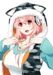  1girl blush breasts cleavage headphones hoodie large_breasts long_hair looking_at_viewer nitroplus open_mouth pink_hair pom_pom_(clothes) red_eyes sleeveless sleeveless_hoodie smile solo super_sonico waniwani 