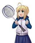  1girl ahoge badminton_racket blonde_hair braid fate/stay_night fate_(series) french_braid green_eyes hair_ribbon highres open_mouth racket ribbon saber short_hair solo track_jacket urako 