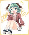  1girl :d animal_ears dog_ears green_eyes green_hair highres kasodani_kyouko kibisake open_mouth shirt short_hair sitting skirt smile touhou 