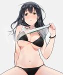  1girl bikini bikini_lift black_bikini black_eyes black_hair blush bracelet breasts cleavage ddal grey_background highres jewelry large_breasts long_hair looking_at_viewer navel parted_lips shirt_lift simple_background solo string_bikini sweat swimsuit 