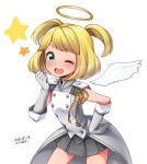  1girl angel_wings bangs blonde_hair blush character_request copyright_request elbow_gloves gloves green_eyes halo hand_on_hip kanya_pyi one_eye_closed open_mouth short_hair short_twintails skirt smile solo twintails wings 
