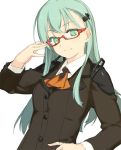  1girl adjusting_glasses bespectacled glasses green_eyes green_hair hand_on_hip jpeg_artifacts kantai_collection long_hair rokuwata_tomoe simple_background smile solo suzuya_(kantai_collection) white_background 