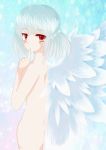  1girl finger_to_mouth from_behind highres kishin_sagume lc looking_at_viewer looking_back nude red_eyes short_hair shushing single_wing touhou white_hair wings 