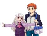  1boy 1girl bag emiya_shirou fate/stay_night fate_(series) happy highres illyasviel_von_einzbern letterman_jacket long_hair outstretched_arms red_eyes running silver_hair smile urako 