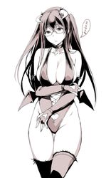  1girl breasts cleavage collar collarbone demon_girl demon_horns fingerless_gloves fur-trimmed_legwear gloves hand_on_own_arm heart_cutout highleg highleg_leotard horns large_breasts leotard low_wings mole mole_under_eye monochrome sakuramachi_fuyuko sasamori_tomoe simple_background solo succubus succubus_stayed_life thigh-highs two_side_up white_background wings 