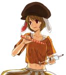  1girl animal_ears blonde_hair hat midriff navel open_mouth rabbit_ears red_eyes ringo_(touhou) shirt short_hair short_sleeves shorts simple_background smile solo striped syringe touhou upper_body urin white_background 
