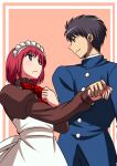  1boy 1girl apron black_hair blue_eyes blush gakuran hand_grab hisui holding_hands maid maid_apron maid_headdress melty_blood nanaya_shiki pink_hair school_uniform short_hair tsukihime urako 