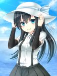  1girl arm_warmers asashio_(kantai_collection) black_hair blue_eyes blue_sky breasts dotera-otoko dress_shirt hat jewelry kantai_collection long_hair looking_at_viewer ocean pleated_skirt ring school_uniform shirt skirt sky smile solo sun_hat suspenders wedding_ring 