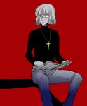  1boy book claude_frollo contemporary cross cross_necklace disney marimo_(yousei_ranbu) one_man&#039;s_dream_ii open_book pants red_background sitting sweater the_hunchback_of_notre_dame turtleneck younger 
