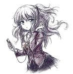  1girl absurdres bowtie charlotte_(anime) digital_media_player earphones gata2013 highres ipod long_hair looking_at_viewer monochrome ponytail sailor_collar school_uniform sketch solo tomori_nao traditional_media white_background 