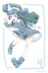  1girl artist_name backpack bag blue_eyes blue_hair boots dated full_body hair_bobbles hair_ornament hat highres kawashiro_nitori key long_sleeves looking_at_viewer meiji_(charisma_serve) open_mouth outstretched_arm rubber_boots shirt skirt skirt_set solo touhou twintails upskirt 
