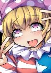  1girl ahegao american_flag_shirt blonde_hair blush clownpiece colored double_v face fun_bo hat jester_cap long_hair open_mouth shirt sketch solo sweatdrop tears tongue tongue_out touhou upper_body v violet_eyes 
