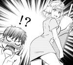  !? 1boy 1girl arcueid_brunestud blush breasts dress emphasis_lines from_behind greyscale hair_intakes hat large_syringe monochrome nurse nurse_cap open_mouth oversized_object short_dress smile syringe toono_shiki tsukihime urako 