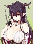  1girl bags_under_eyes bandages black_hair breasts cleavage danua gem granblue_fantasy hair_between_eyes horn_ornament horns jewelry large_breasts long_hair necklace pointy_ears saliva saliva_trail sasamori_tomoe simple_background solo 