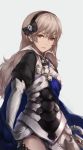  1girl armor armored_dress black_bow bow cape dress fire_emblem fire_emblem_if hair_bow hairband highres labombardier! light_brown_hair lips lipstick long_hair makeup my_unit_(fire_emblem_if) pink_lipstick pointy_ears puffy_short_sleeves puffy_sleeves red_eyes short_sleeves solo 