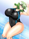  1girl adidas akasode_(tyaramu) blush breasts competition_swimsuit covered_navel green_hair highres huge_breasts kazami_yuuka multiple_girls one-piece_swimsuit one_eye_closed parody pool poolside red_eyes short_hair sitting soaking_feet solo swimsuit touhou water 