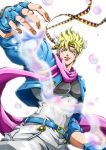  1boy blonde_hair bubble caesar_anthonio_zeppeli facial_mark fingerless_gloves gloves headband headband_feathers jojo_no_kimyou_na_bouken musubi_(livnehe) solo 