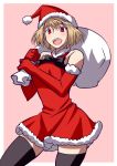  1girl arcueid_brunestud bare_shoulders black_legwear blonde_hair blush christmas cowboy_shot elbow_gloves gloves halterneck hat melty_blood red_eyes red_gloves sack santa_costume santa_hat short_hair solo thigh-highs tsukihime urako zettai_ryouiki 