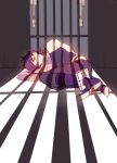  1boy ankle_cuffs jojo_no_kimyou_na_bouken joseph_joestar_(young) prison purple_hair scarf senzzang solo tied_up 