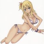  1girl bikini black_eyes blonde_hair breasts cleavage fairy_tail looking_at_viewer lowres lucy_heartfilia mashima_hiro navel simple_background smile solo striped striped_bikini striped_swimsuit swimsuit white_background 