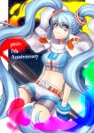  anniversary blue_hair crop_top facial_mark grey_eyes hair_tie jacket_on_shoulders kiritani846 long_hair original paint pen personification pixiv-tan short_shorts shorts sky smile star_(sky) starry_sky twintails very_long_hair 