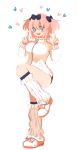  +_+ 1girl :d blue_eyes blush bow breasts buruma double_w fukubukuro hair_bow hibari_(senran_kagura) highres large_breasts looking_at_viewer open_mouth pink_hair senran_kagura senran_kagura_(series) short_hair short_twintails smile solo standing_on_one_leg symbol-shaped_pupils track_jacket twintails 