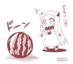  1girl blush commentary_request cuffs dress food fruit horns kantai_collection long_hair monochrome northern_ocean_hime shackles shinkaisei-kan solo surprised translation_request very_long_hair watermelon yamato_nadeshiko 