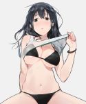  1girl bikini black_bikini black_hair blush ddal green_eyes highres long_hair no_nose nose_blush outline red_fingernails shirt_lift solo sweat swimsuit 