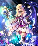  1girl bare_shoulders blonde_hair blue_eyes breasts butterfly cleavage elf flower forest gloves hair_flower hair_ornament light_rays long_hair looking_at_viewer nature open_mouth original pointy_ears shingoku_no_valhalla_gate sho_(runatic_moon) solo staff thigh-highs 