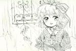  1girl blush bow bowtie hair_bow ivy looking_at_viewer mdnk medicine_melancholy monochrome puffy_short_sleeves puffy_sleeves short_hair short_sleeves smile touhou upper_body window 
