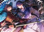  2boys aqua_eyes armor black_gloves fingerless_gloves gloves horikawa_kunihiro izumi-no-kami_kanesada japanese_armor japanese_clothes katana kote long_hair long_sleeves male_focus multiple_boys purple_hair short_hair skeleton sword touken_ranbu uhouho14 weapon 