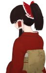  1girl alternate_hairstyle black_hair bow floral_print from_behind hair_bow hair_tubes hair_up hakurei_reimu highres japanese_clothes kimono long_sleeves looking_at_viewer looking_back obi ponytail sash simple_background solo terimayo touhou upper_body white_background 