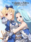  2girls :d ;) absurdres ahoge arm_up bangs blonde_hair blue_eyes blue_hair blue_ribbon blue_sky blush brown_eyes clouds copyright_name cover cover_page doujin_cover dress gita_(granblue_fantasy) granblue_fantasy hair_ribbon highres kujou_ichiso long_hair lyria_(granblue_fantasy) multiple_girls one_eye_closed open_mouth puffy_short_sleeves puffy_sleeves ribbon short_hair short_sleeves sky smile 