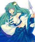  1girl blue_eyes blush breasts crop_top dated detached_sleeves frog_hair_ornament green_hair hair_ornament hair_tubes iroyopon japanese_clothes kochiya_sanae large_breasts long_hair long_sleeves looking_at_viewer midriff miko navel oonusa open_mouth signature simple_background skirt smile snake_hair_ornament solo touhou white_background wide_sleeves 