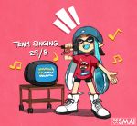  1girl artist_name baseball_cap bike_shorts blue_hair blush blush_stickers closed_eyes domino_mask eyebrows fangs hat inkling long_hair mask musical_note open_mouth sami_(artist) shoes singing sneakers splatoon television tentacle_hair thick_eyebrows 