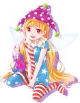  1girl american_flag_legwear american_flag_shirt blonde_hair clownpiece hat jester_cap long_hair looking_at_viewer pantyhose print_legwear red_eyes sitting smile solo star striped striped_legwear torch touhou wariza yuki_hiyoko_(bluishsky) 