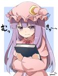  1girl book crescent hat long_hair mukyuu patchouli_knowledge purple_hair solo tears touhou translated violet_eyes yutamaro 