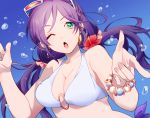 1girl bikini breasts green_eyes highres large_breasts long_hair looking_at_viewer love_live!_school_idol_project mihatarou one_eye_closed open_mouth purple_hair solo sunglasses sunglasses_on_head swimsuit toujou_nozomi twintails 