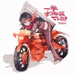  1girl alternate_costume black_hair blue_eyes crossed_arms gym_uniform hatutaro kill_la_kill leaning_forward leaning_over matoi_ryuuko motor_vehicle motorcycle multicolored_hair red_eyes scarf senketsu short_hair sleeves_pushed_up suspenders translation_request two-tone_hair vehicle 