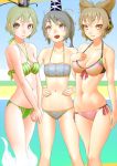  3girls bare_shoulders bikini blush breasts cleavage earmuffs flat_chest ghost_tail gishu grey_eyes hands_on_hips hands_together hat headphones highres looking_at_viewer mononobe_no_futo multiple_girls navel open_mouth ponytail red_eyes short_hair silver_hair simple_background smile soga_no_tojiko swimsuit tate_eboshi touhou toyosatomimi_no_miko water 