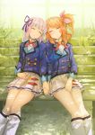  2girls aikatsu! blazer highres hikami_sumire holding_hand koruse multiple_girls oozora_akari school_uniform sitting skirt sleeping 
