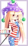  1girl american_flag_legwear american_flag_shirt bespectacled bikini blonde_hair bodypaint breasts clownpiece flag_print glasses hat highres jester_cap long_hair paintbrush pantyhose polka_dot_hat red_eyes red_glasses solo star striped striped_legwear touhou z.o.b 